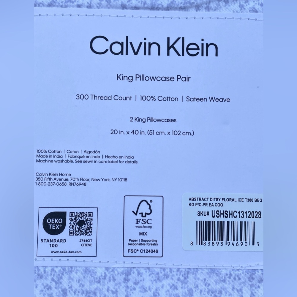 Calvin Klein Abstract Ditsy Floral Blue Cotton KING Pillowcase Set 2pc - Picture 7 of 7